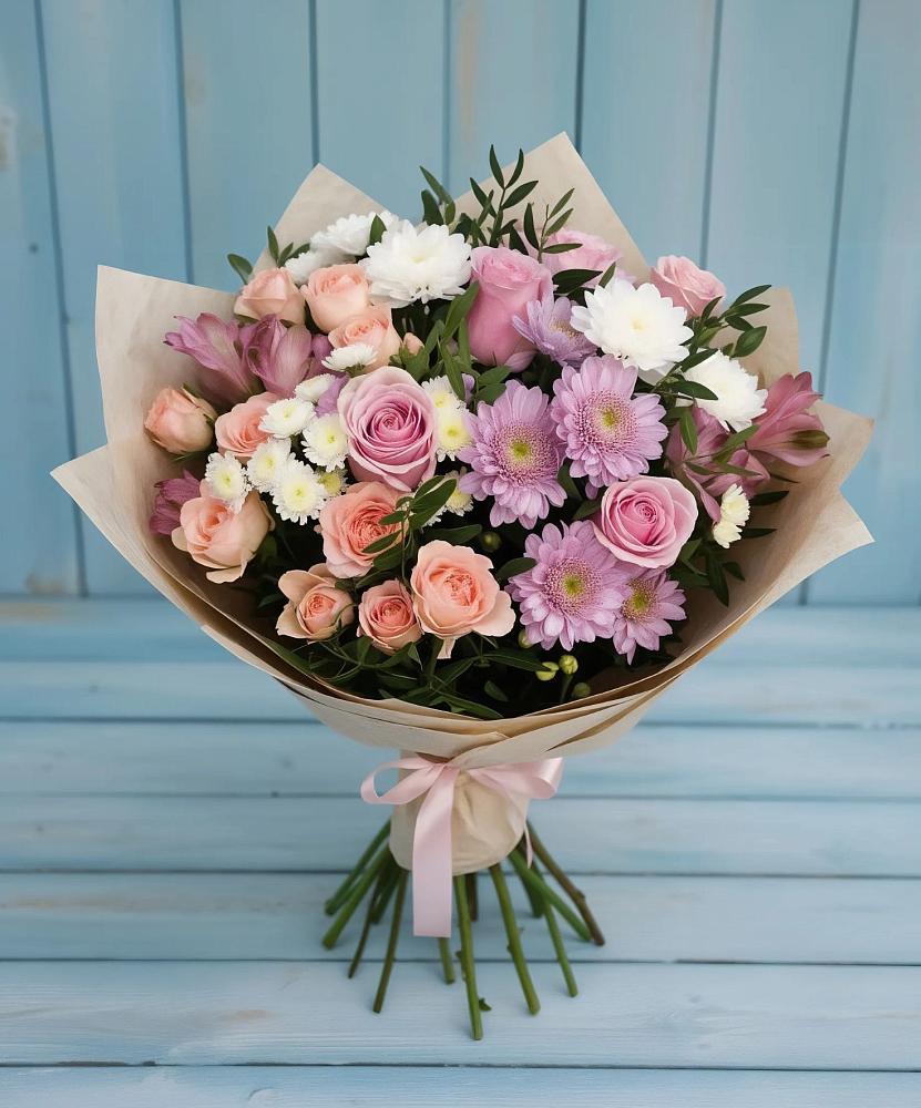 Букет цветов из: Хризантемы, Розы и Альстромерии в Мурыгино