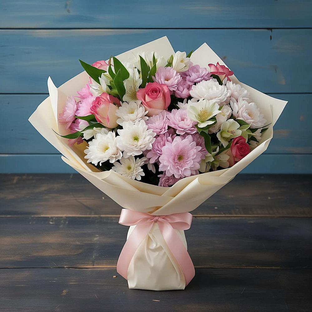 Букет цветов из: Хризантемы, Альстромерии и Розы в Мурыгино